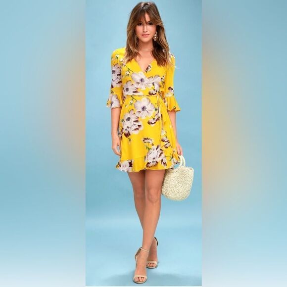 Lulus Swinging in the Rain Golden Yellow Floral Print Wrap Dress Size M - Picture 1 of 11